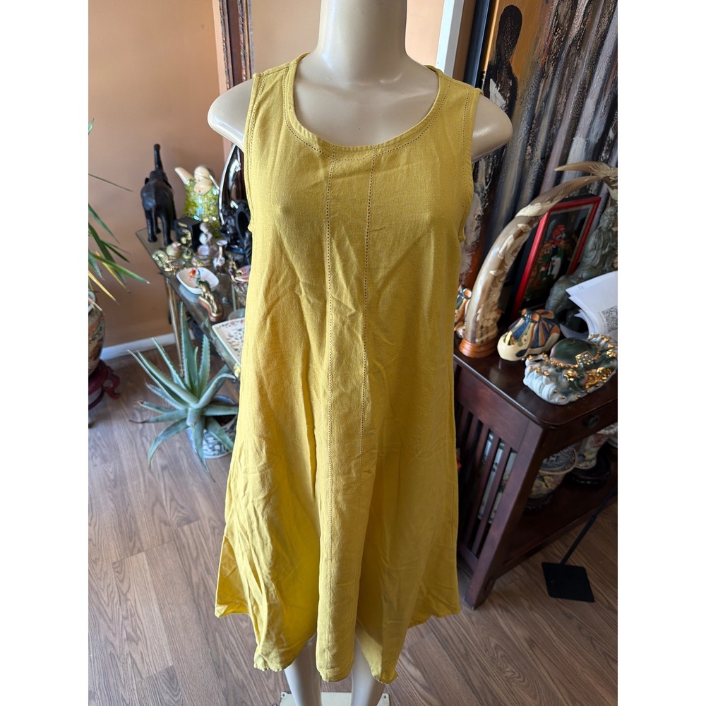 For Cynthia Mustard Yellow Linen Blend Sleeveless Midi Shift Dress Size S